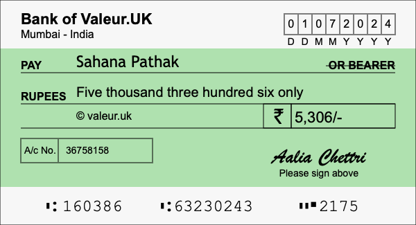 How to write a cheque for 5,306 rupees