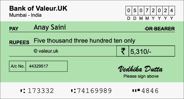 How to write a cheque for 5,310 rupees