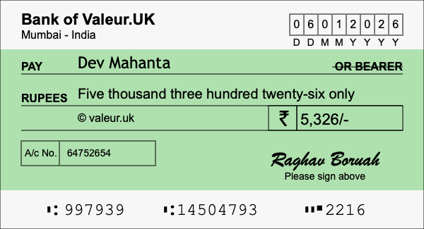 How to write a cheque for 5,326 rupees