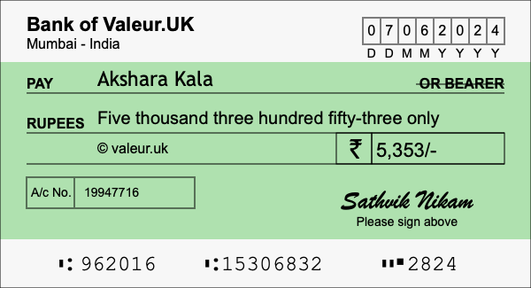 How to write a cheque for 5,353 rupees