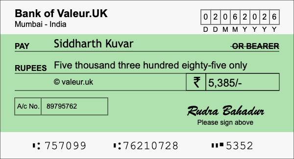 How to write a cheque for 5,385 rupees