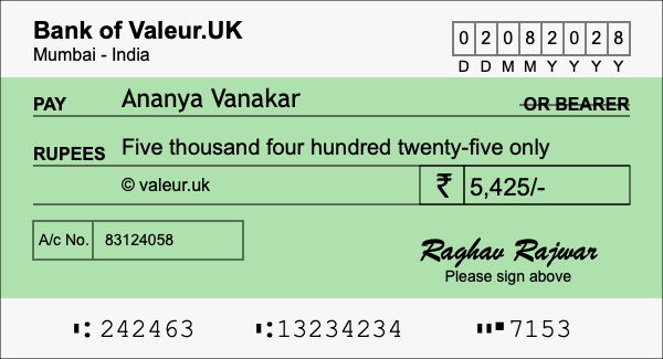 How to write a cheque for 5,425 rupees