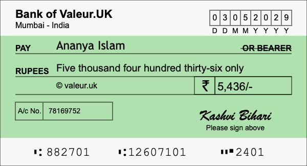 How to write a cheque for 5,436 rupees