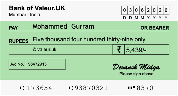 How to write a cheque for 5,439 rupees