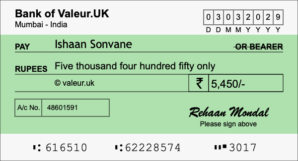 How to write a cheque for 5,450 rupees