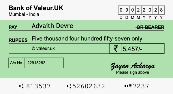 How to write a cheque for 5,457 rupees