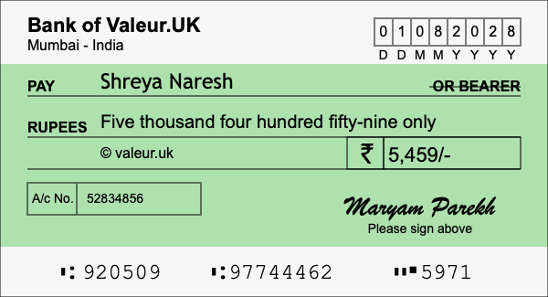 How to write a cheque for 5,459 rupees
