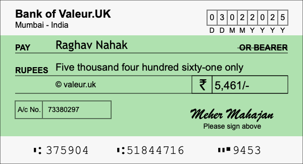 How to write a cheque for 5,461 rupees