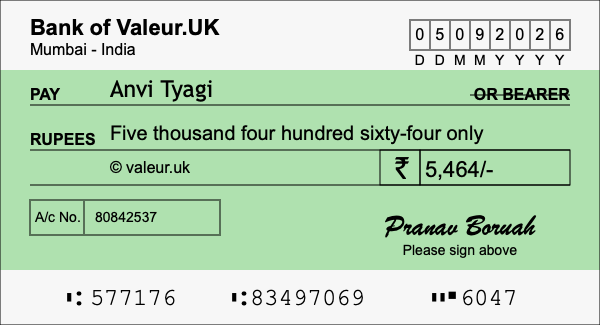How to write a cheque for 5,464 rupees