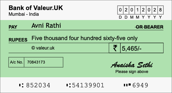 How to write a cheque for 5,465 rupees