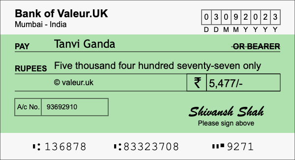How to write a cheque for 5,477 rupees