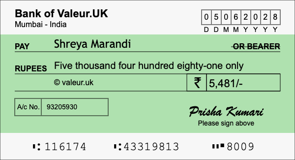How to write a cheque for 5,481 rupees