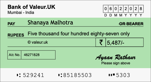 How to write a cheque for 5,487 rupees