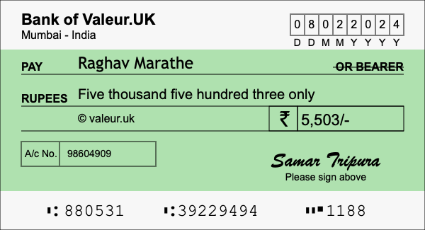 How to write a cheque for 5,503 rupees