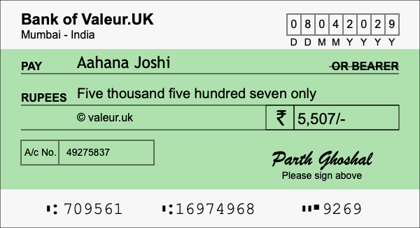 How to write a cheque for 5,507 rupees