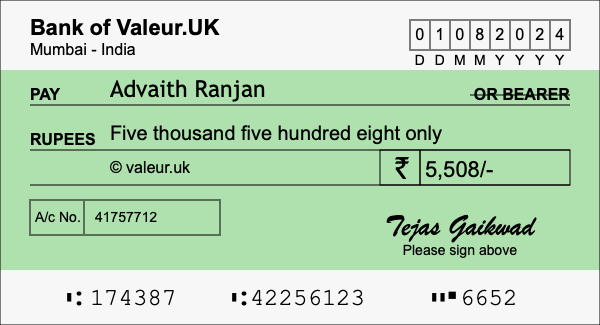 How to write a cheque for 5,508 rupees