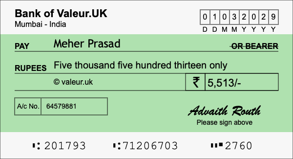 How to write a cheque for 5,513 rupees