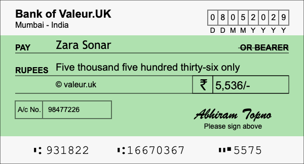 How to write a cheque for 5,536 rupees