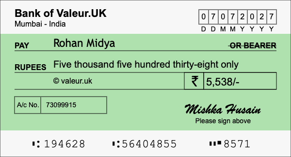 How to write a cheque for 5,538 rupees