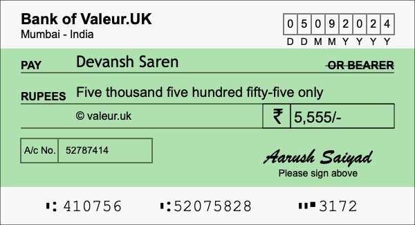 How to write a cheque for 5,555 rupees
