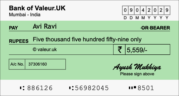 How to write a cheque for 5,559 rupees