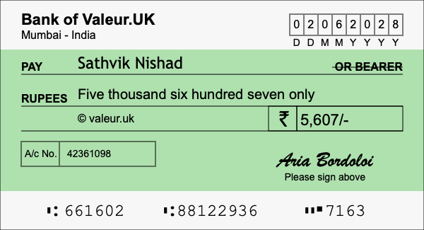 How to write a cheque for 5,607 rupees