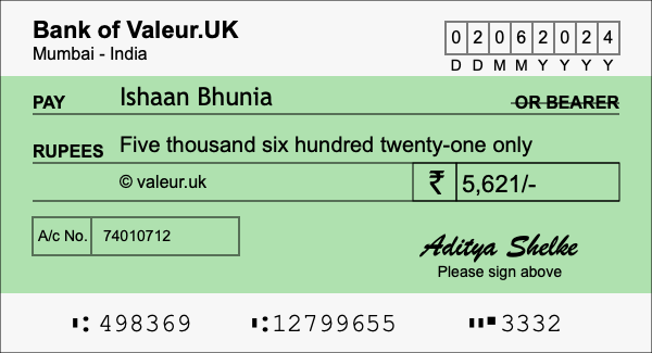 How to write a cheque for 5,621 rupees