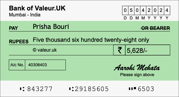 How to write a cheque for 5,628 rupees