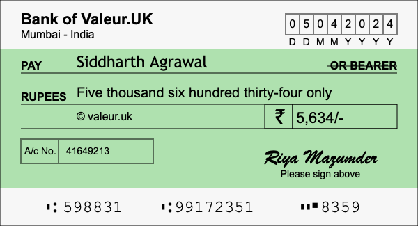 How to write a cheque for 5,634 rupees