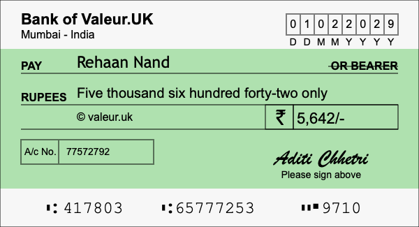 How to write a cheque for 5,642 rupees