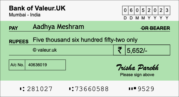 How to write a cheque for 5,652 rupees