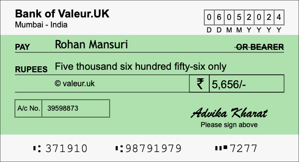 How to write a cheque for 5,656 rupees