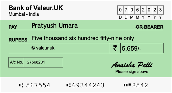 How to write a cheque for 5,659 rupees