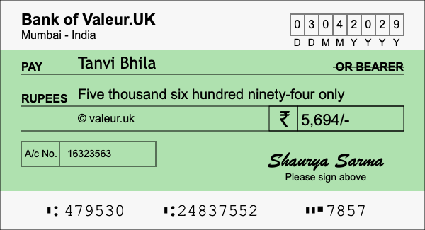 How to write a cheque for 5,694 rupees