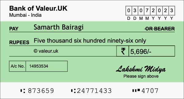 How to write a cheque for 5,696 rupees