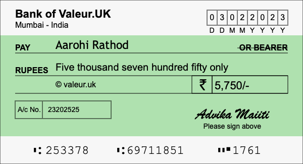 How to write a cheque for 5,750 rupees