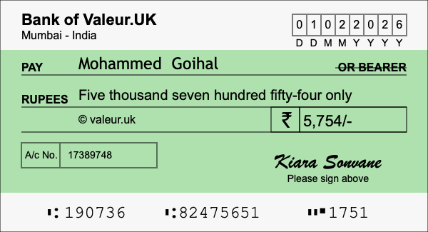 How to write a cheque for 5,754 rupees