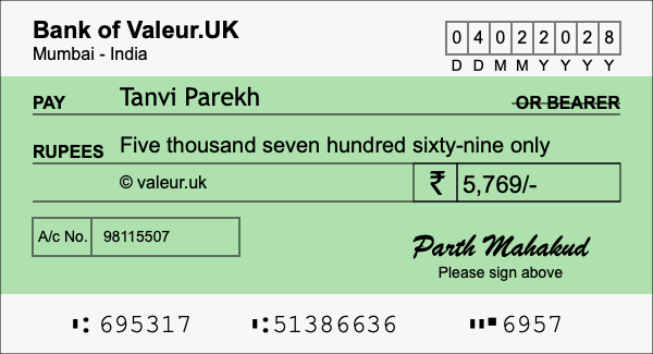 How to write a cheque for 5,769 rupees