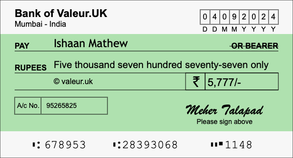 How to write a cheque for 5,777 rupees