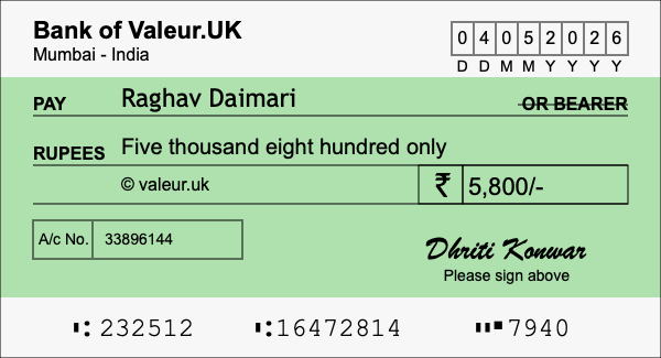 How to write a cheque for 5,800 rupees