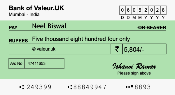 How to write a cheque for 5,804 rupees