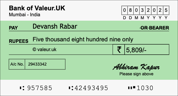 How to write a cheque for 5,809 rupees