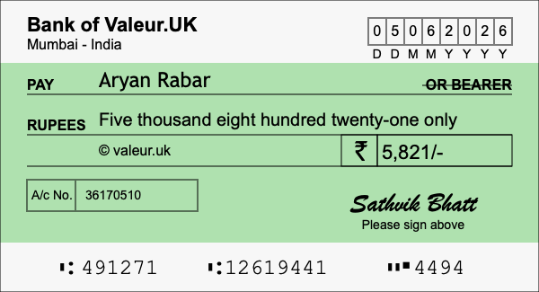 How to write a cheque for 5,821 rupees