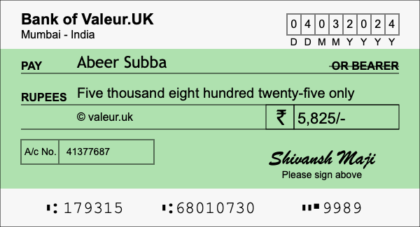 How to write a cheque for 5,825 rupees