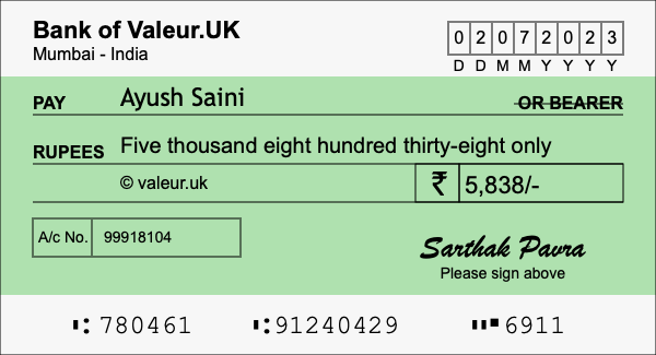 How to write a cheque for 5,838 rupees