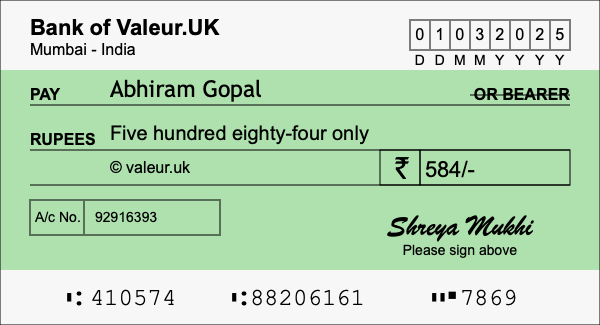How to write a cheque for 584 rupees