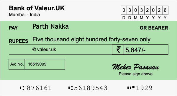 How to write a cheque for 5,847 rupees