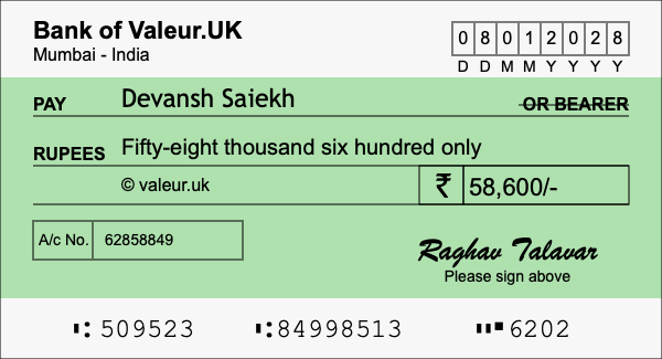 How to write a cheque for 58,600 rupees How to write a cheque for 58,600 rupees