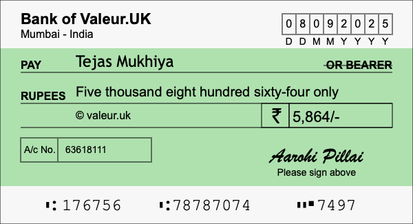 How to write a cheque for 5,864 rupees