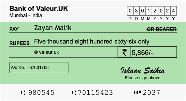 How to write a cheque for 5,866 rupees